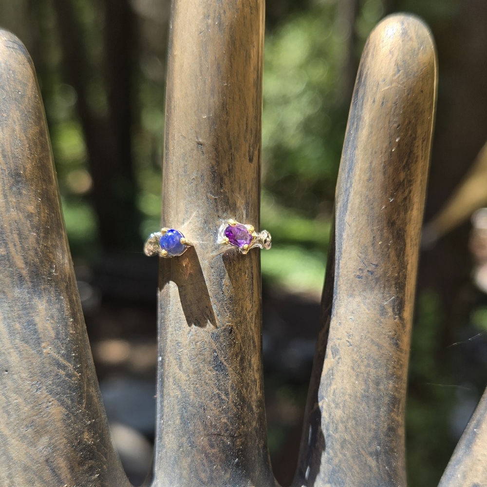 Opal & Amethyst Gemstone Sterling & Gold Ring Sz6 Adjustble - Picture 3 of 11
